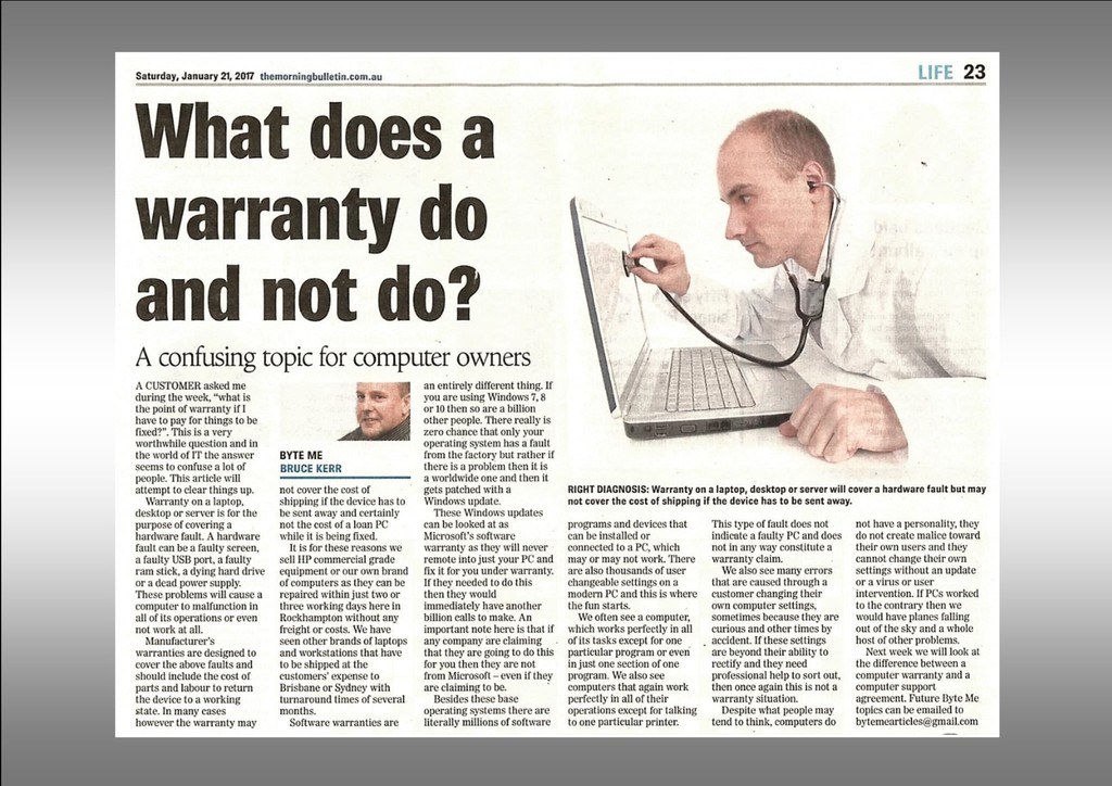 Image of newspaper article, what does a warranty do, computer, support, help rockhampton